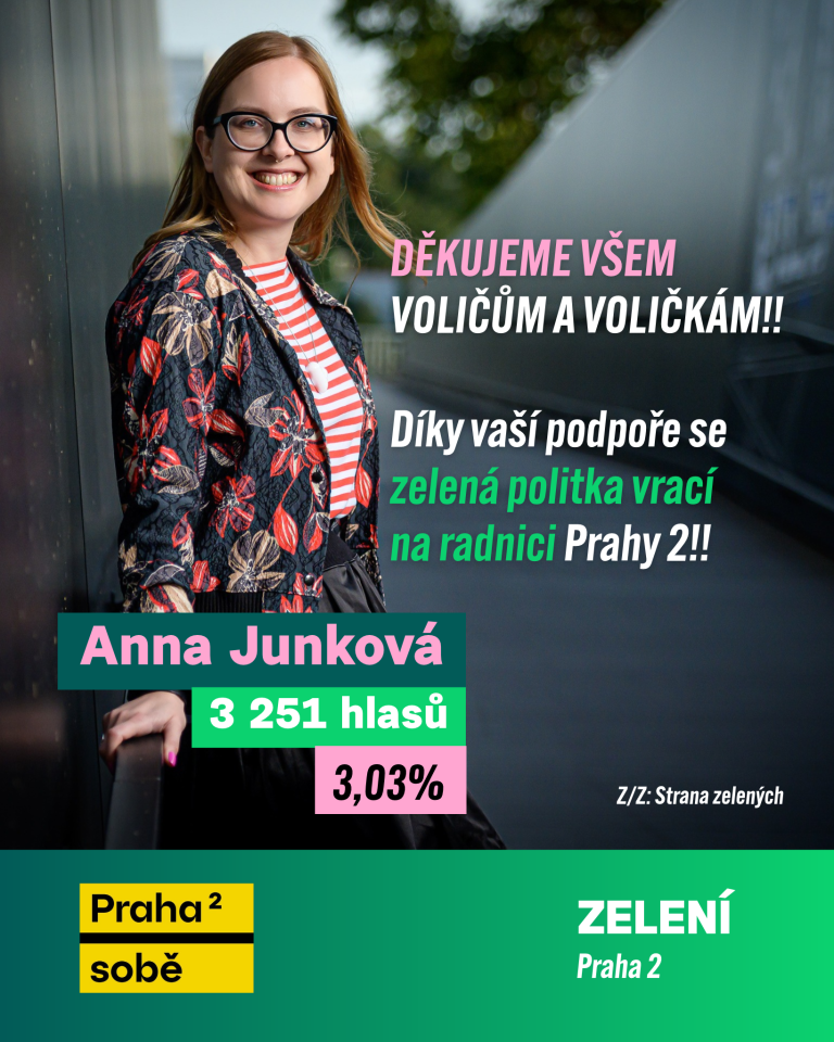 VE VOLEBNÍM OBDOBÍ 2026 – 2030 MÁME NA RADNICI PRAHY 2 ZNOVU ZELENOU ZASTUPITELKU